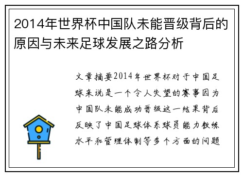2014年世界杯中国队未能晋级背后的原因与未来足球发展之路分析