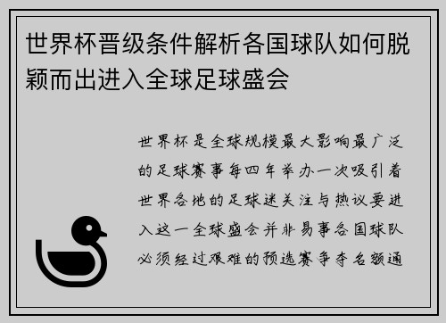世界杯晋级条件解析各国球队如何脱颖而出进入全球足球盛会