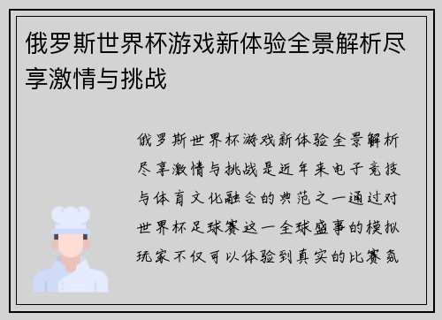 俄罗斯世界杯游戏新体验全景解析尽享激情与挑战